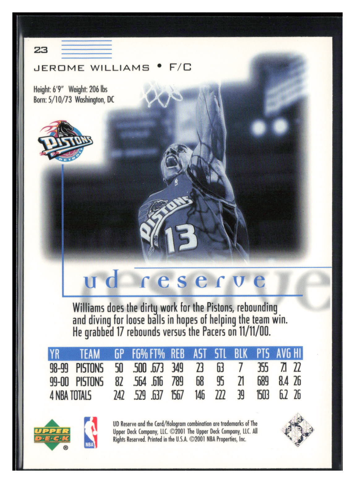 2000-01 UD Reserve #23 Jerome Williams