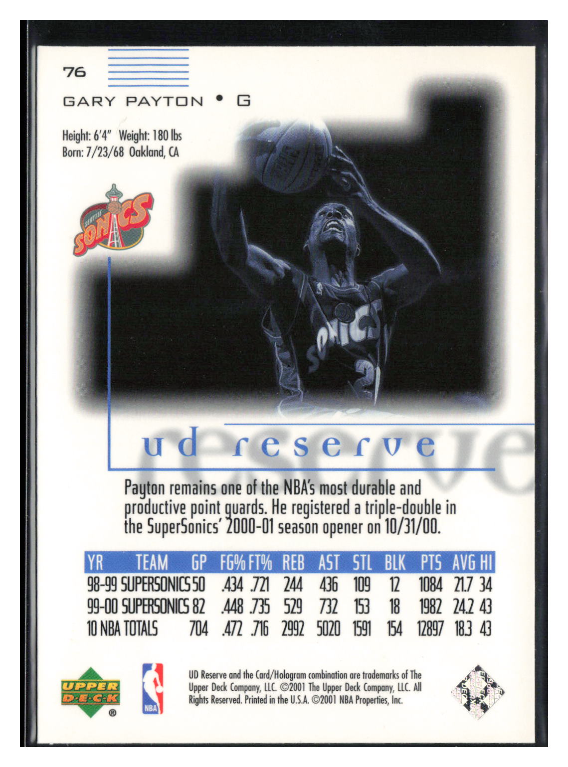 2000-01 UD Reserve #76 Gary Payton