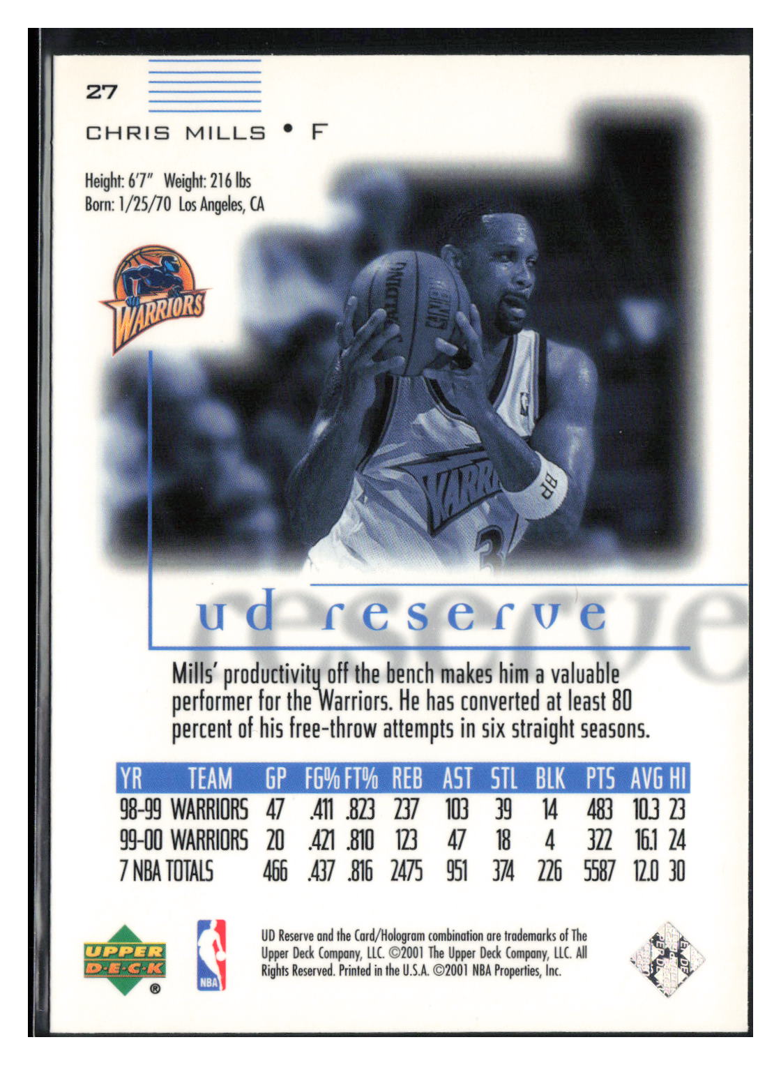 2000-01 UD Reserve #27 Chris Mills