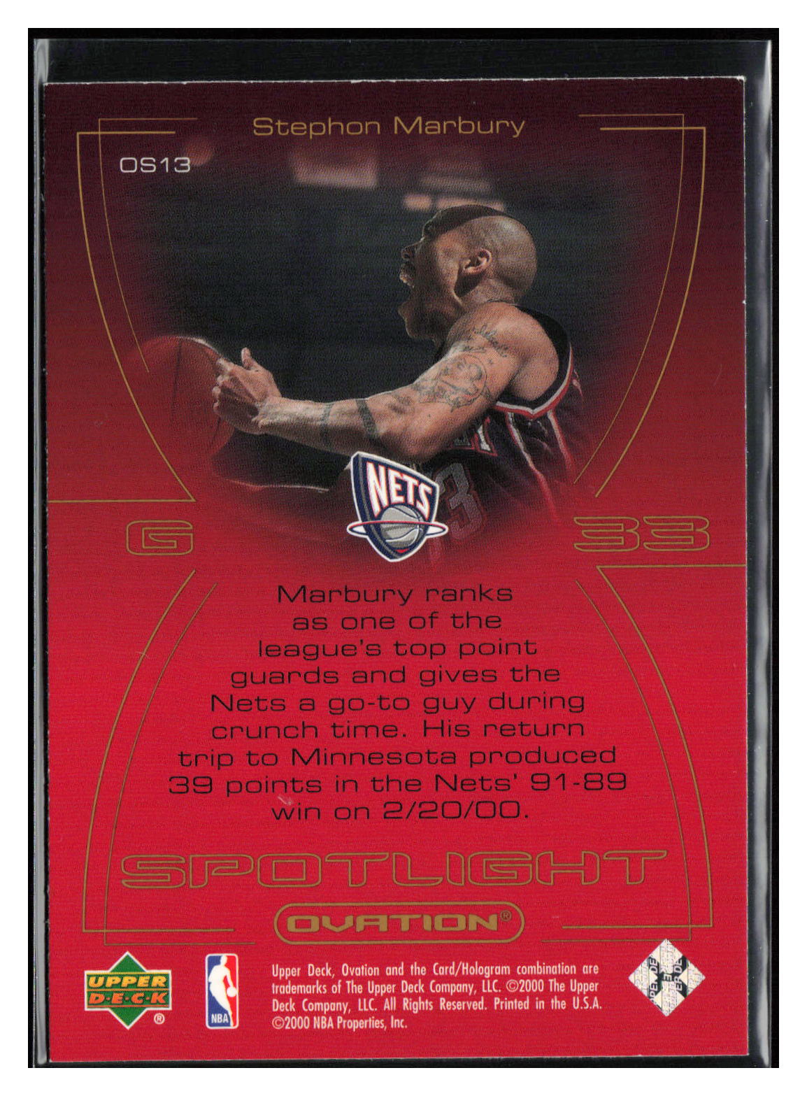 2000-01 Upper Deck Ovation #OS13 Stephon Marbury Spotlight