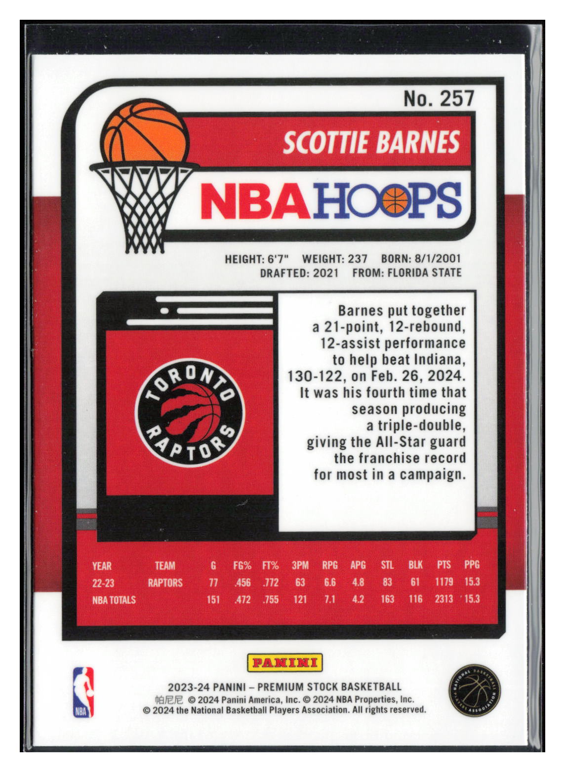 2023-24 Hoops Premium Stock #257 Scottie Barnes
