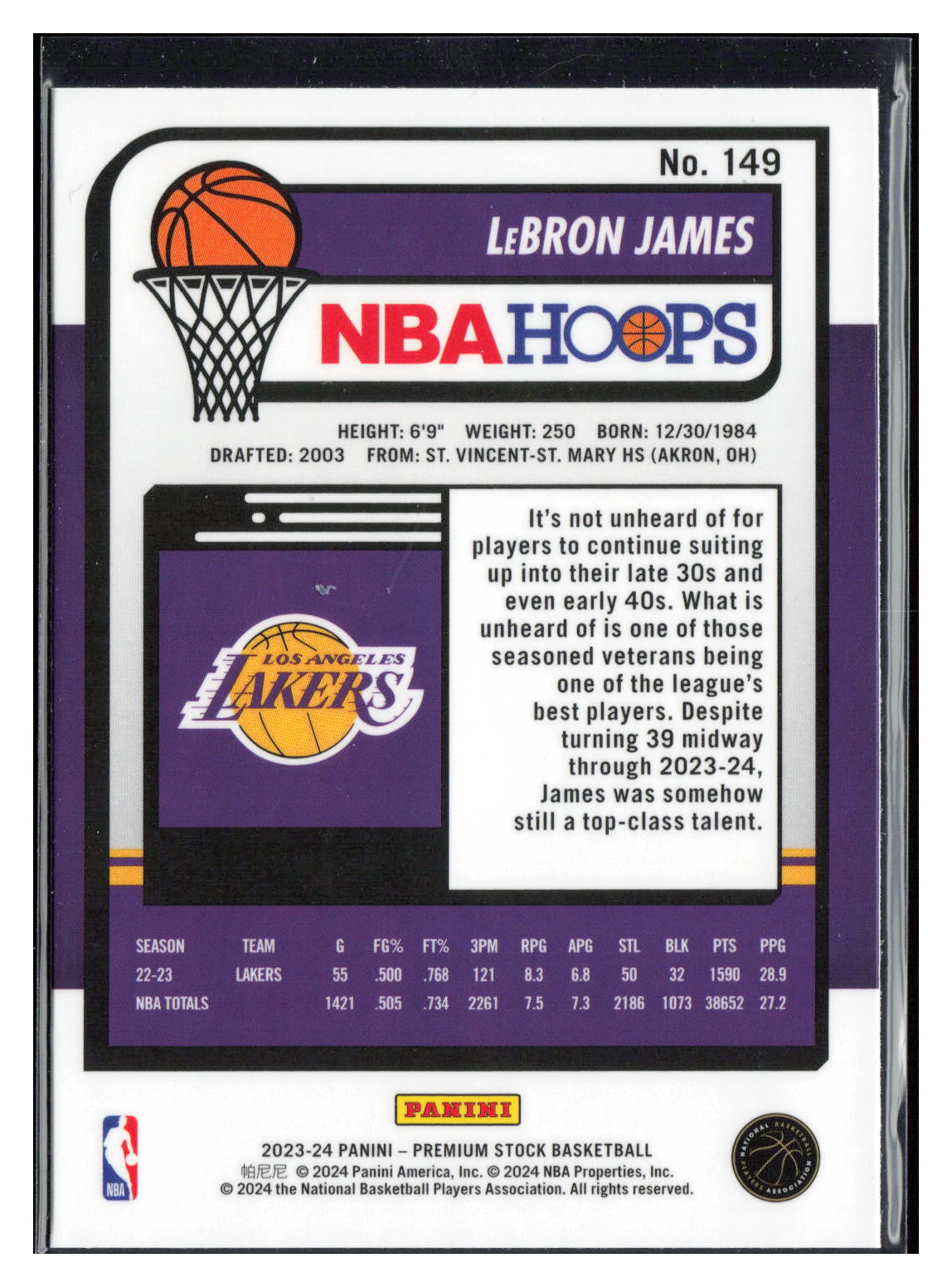 2023-24 Hoops Premium Stock #149 LeBron James