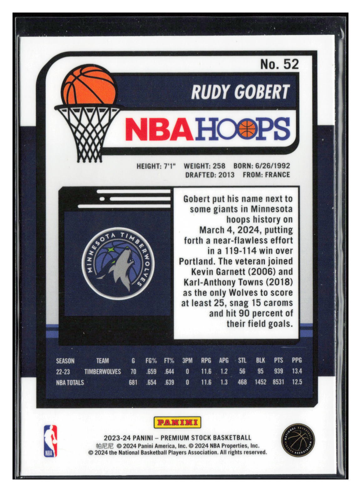 2023-24 Hoops Premium Stock #52 Rudy Gobert