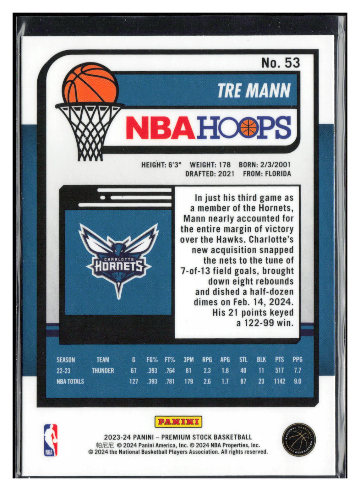 2023-24 Hoops Premium Stock #53 Tre Mann