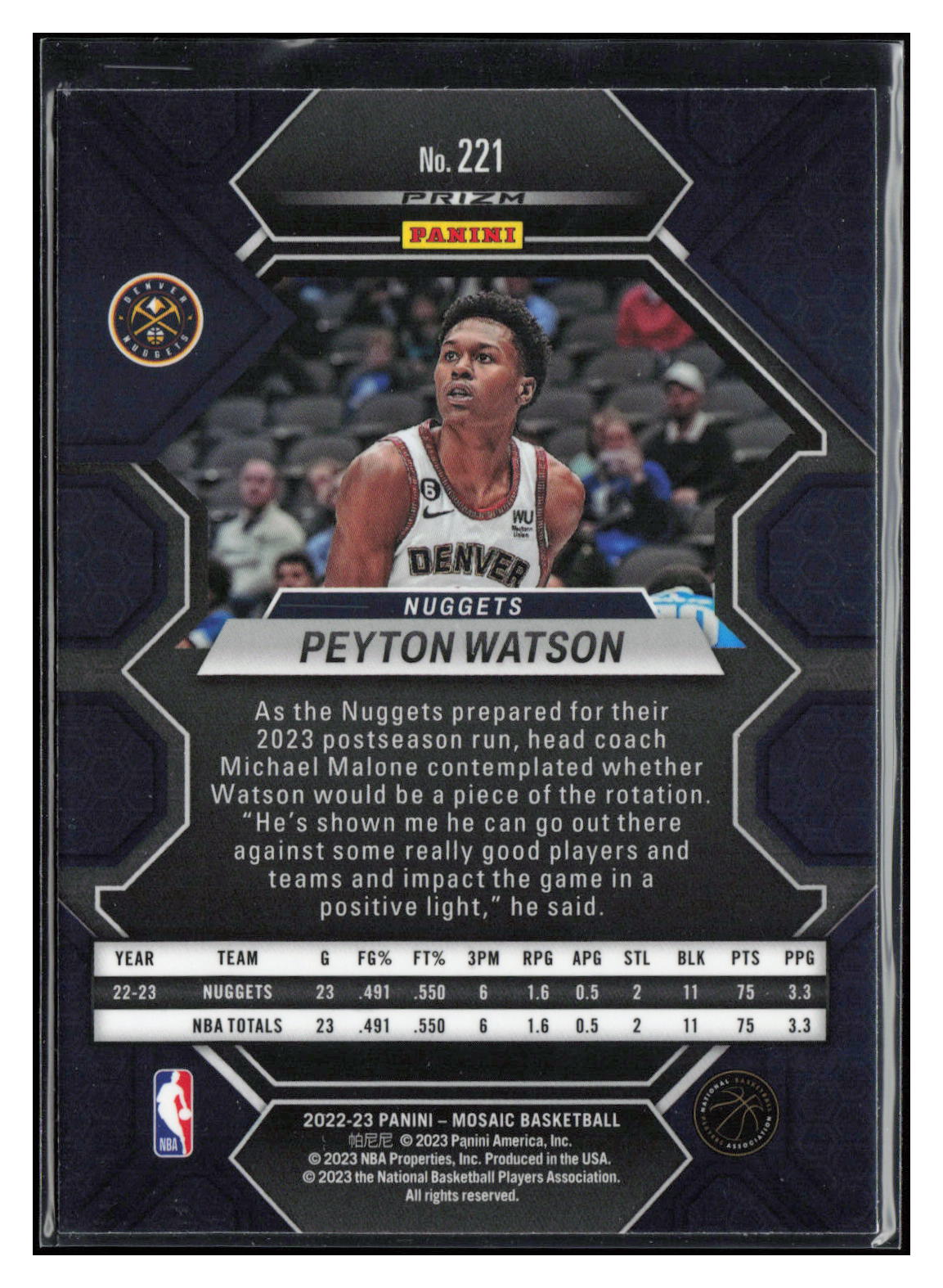2022-23 Panini Mosaic #221 Peyton Watson Reactive Blue