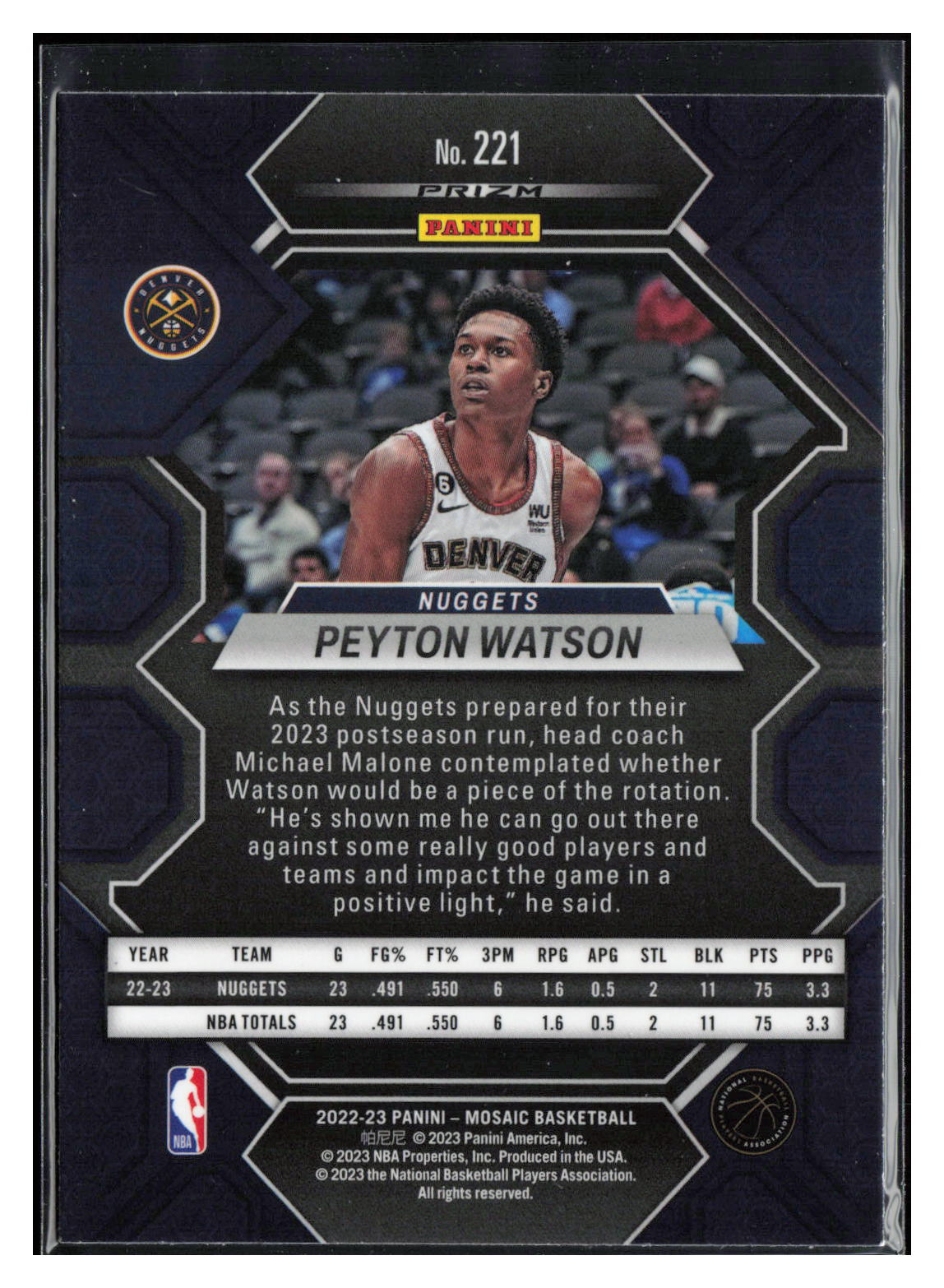 2022-23 Panini Mosaic #221 Peyton Watson Mosaic