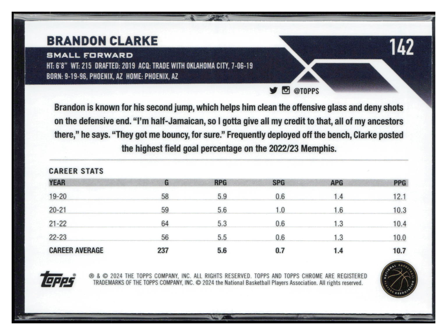 2023-24 Topps Chrome #142 Brandon Clarke Blue Basketball Refractors