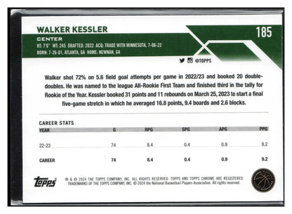 2023-24 Topps Chrome #185 Walker Kessler Blue Basketball Refractors
