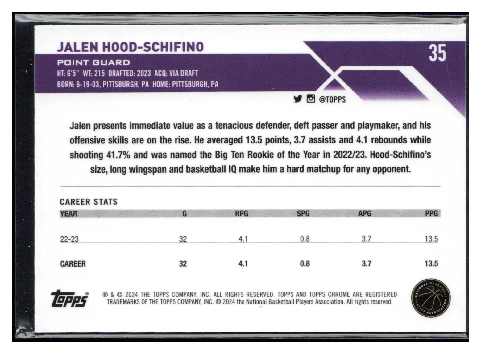 2023-24 Topps Chrome #35 Jalen Hood-Schifino Blue Basketball Refractors