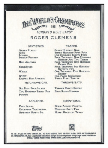 2024 Topps Allen & Ginter #195 Roger Clemens
