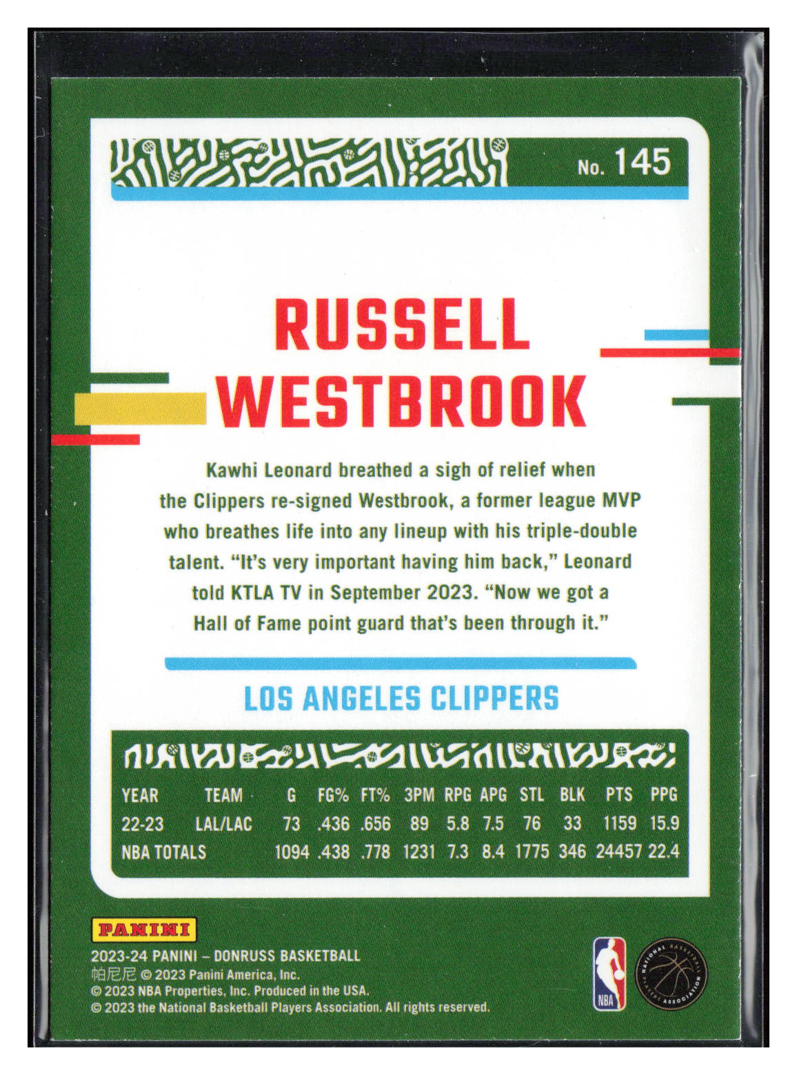 2023-24 Donruss #145 Russell Westbrook Green Laser Holo