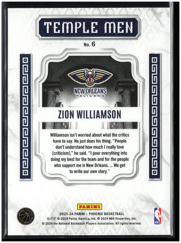 
2023-24 Panini Phoenix #6 Zion Williamson Temple Men