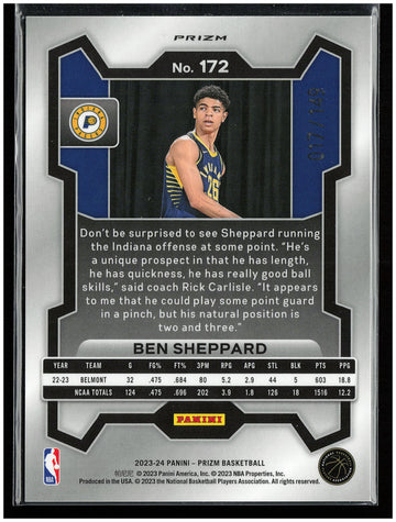 
2023-24 Panini Prizm #172 Ben Sheppard Prizms Purple Ice #/149