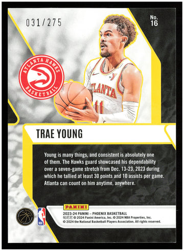 
2023-24 Panini Phoenix #16 Trae Young Fade To Black Phoenix Blue Lazer #/275