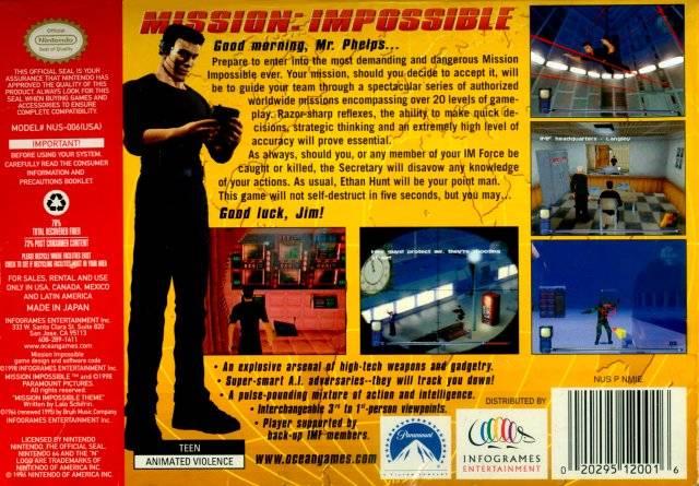 
Mission Impossible | Nintendo 64 | North America | back cover scan: Back Cover | PriceCharting
