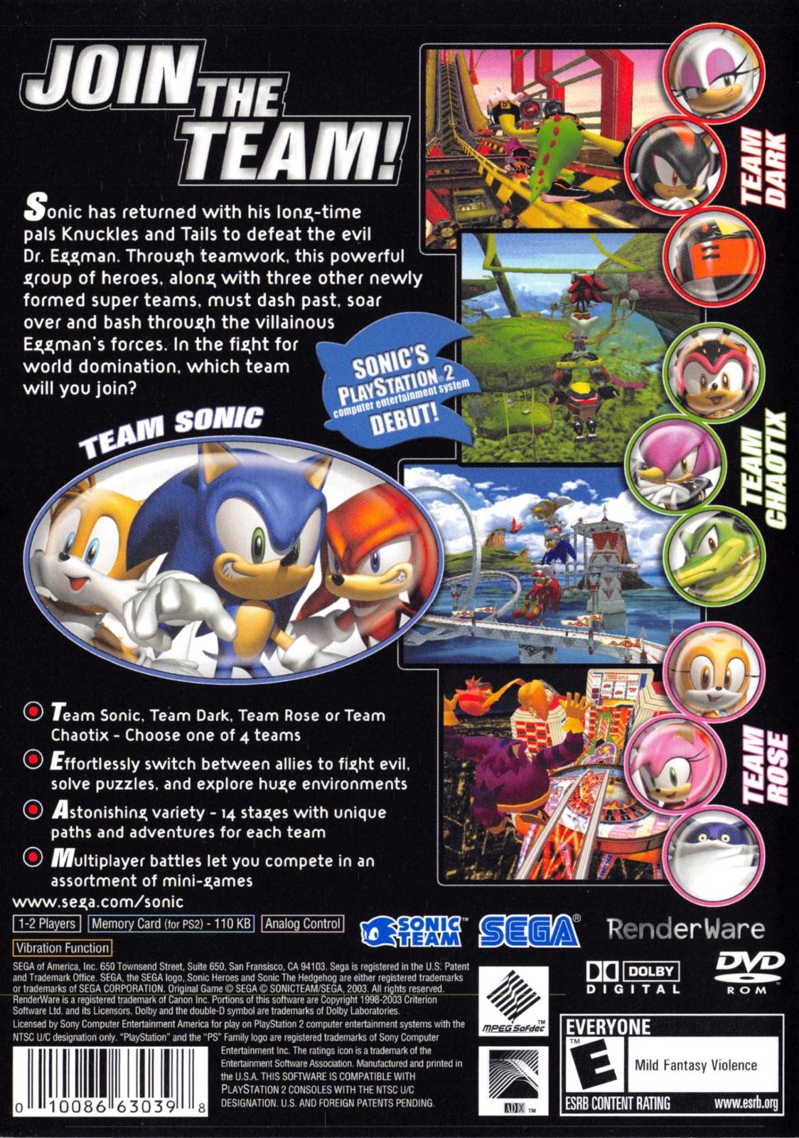 
Sonic Heroes | PlayStation 2 | North America | back cover scan: Back Cover | PriceCharting