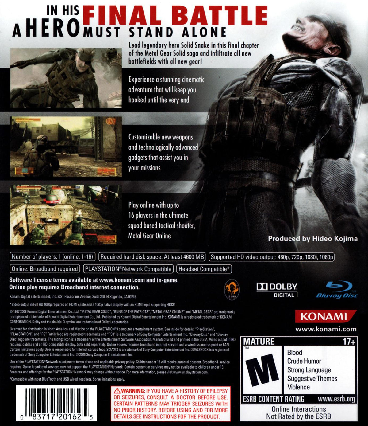 
Metal Gear Solid 4: Guns of the Patriots | PlayStation 3 | North America | back cover scan: Back Cover | PriceCharting