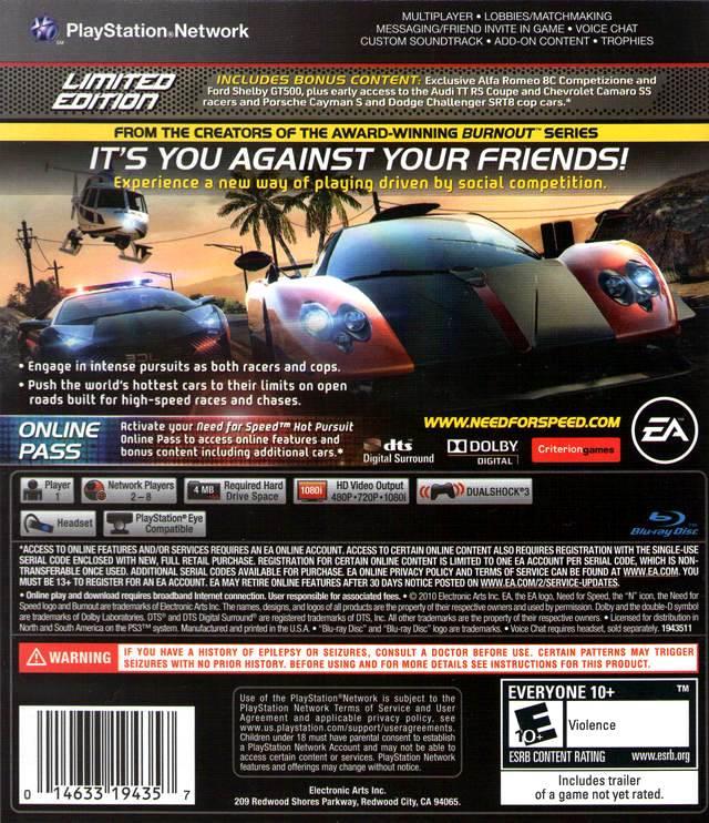 
Need for Speed: Hot Pursuit (Limited Edition) | PlayStation 3 | North America | back cover scan: Back Cover | PriceCharting