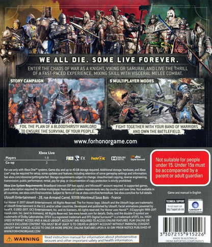
For Honor | Xbox One | North America | back cover scan: Back Cover | PriceCharting
