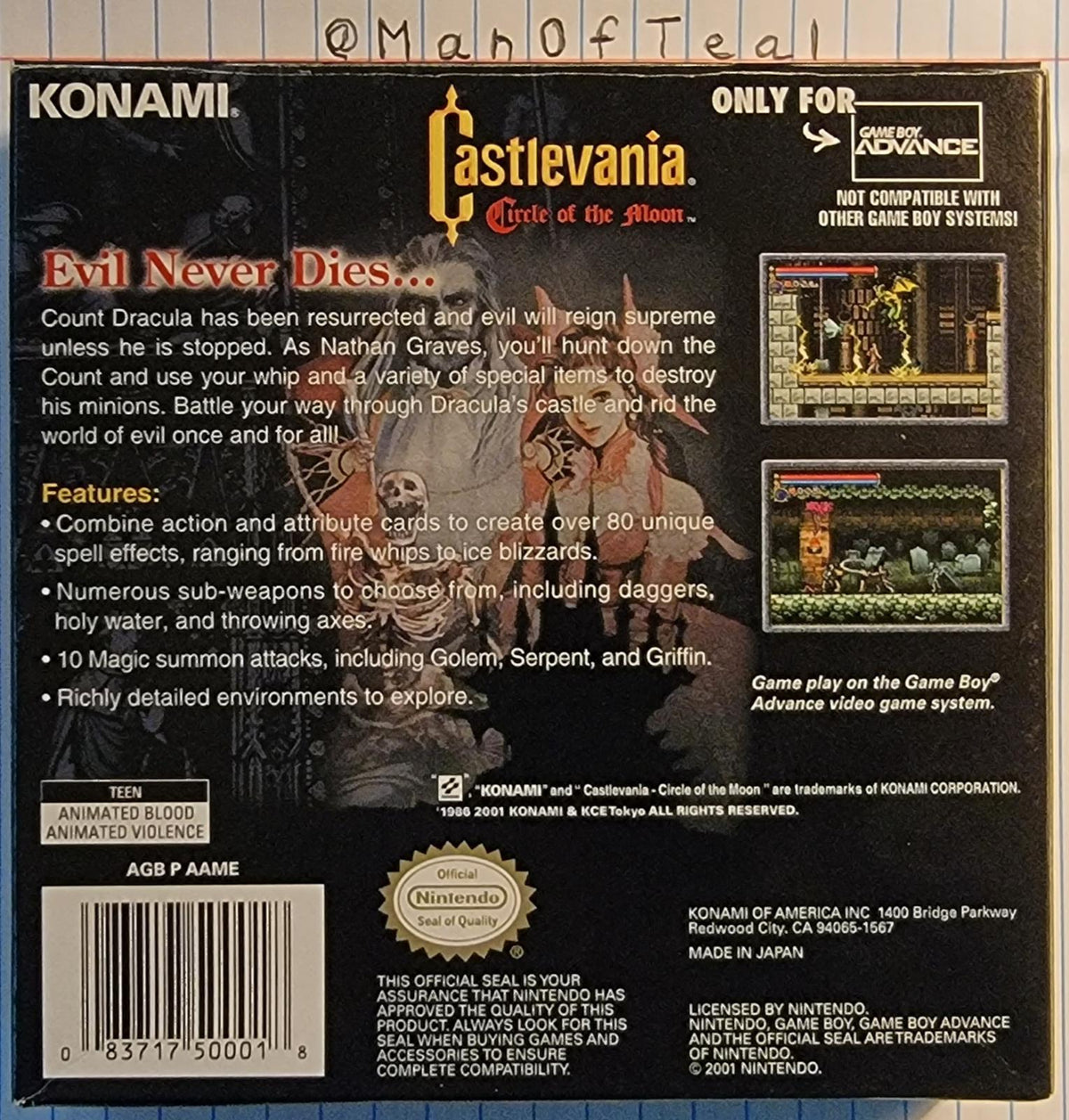
Castlevania: Circle of the Moon | Game Boy Advance | North America | back cover scan: Box Back | PriceCharting