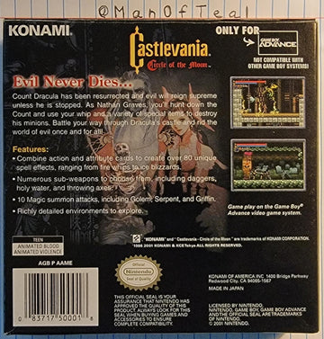 
Castlevania: Circle of the Moon | Game Boy Advance | North America | back cover scan: Box Back | PriceCharting