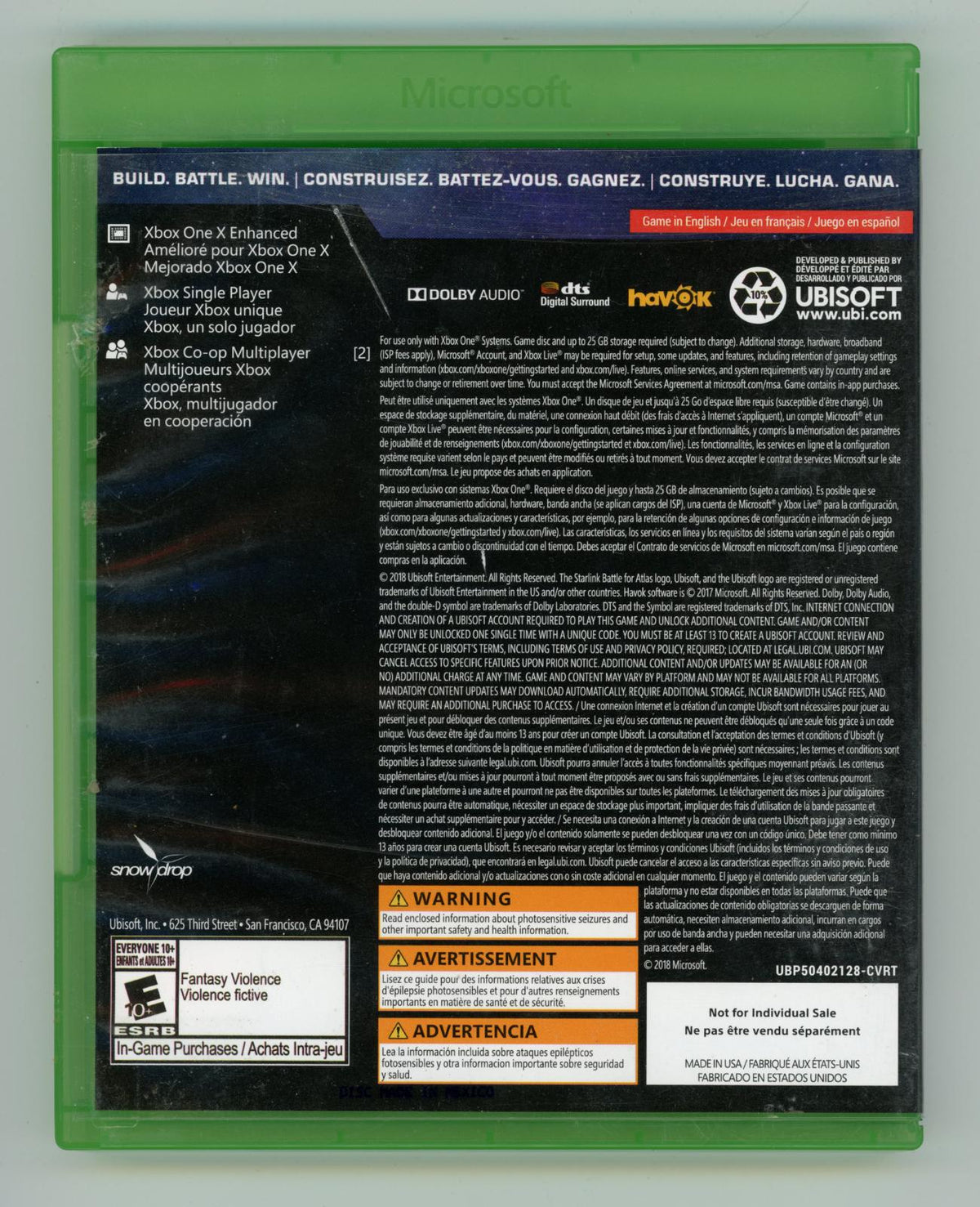 Starlink: Battle for Atlas | Xbox One | North America | back cover scan: Back Cover | PriceCharting