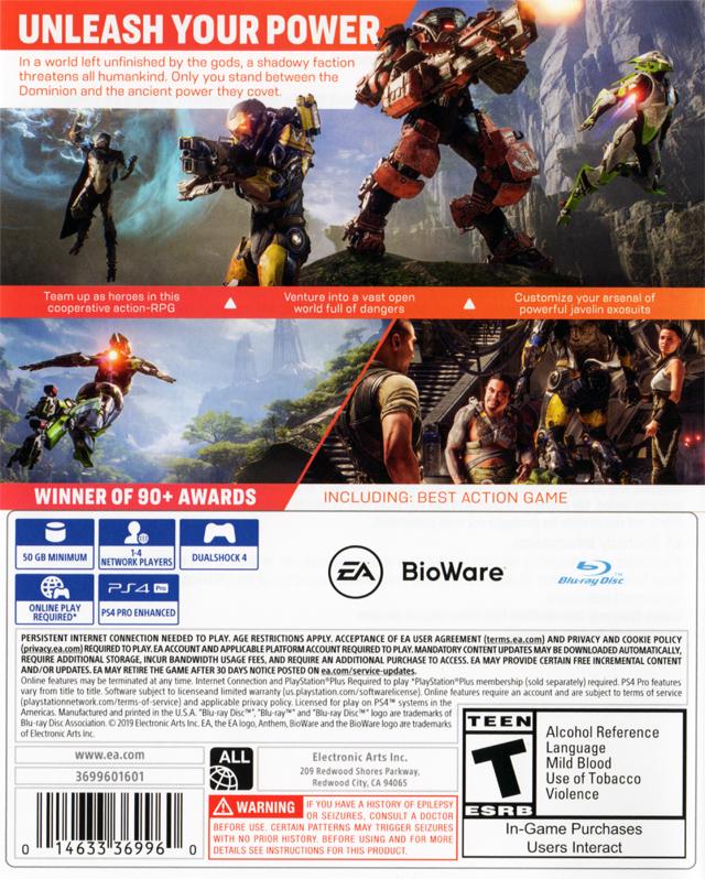 Anthem | PlayStation 4 | North America | back cover scan: Back Cover | PriceCharting