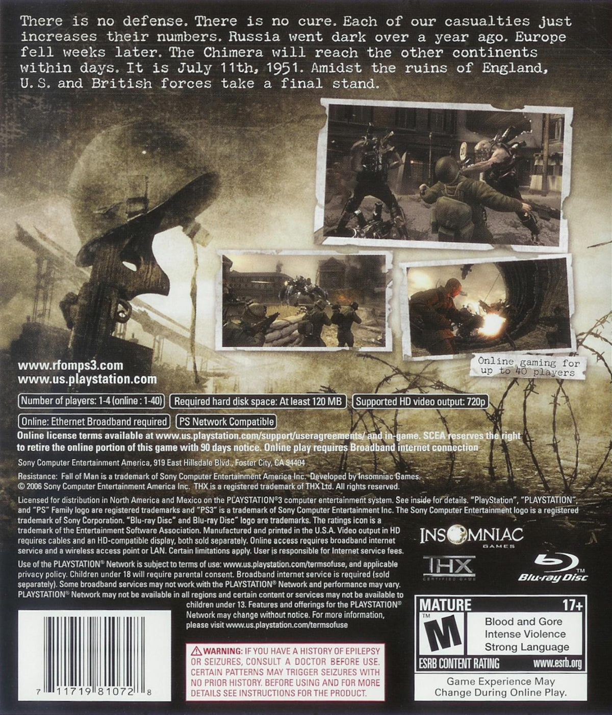 
Resistance: Fall of Man | PlayStation 3 | North America | back cover scan: Back Cover | PriceCharting