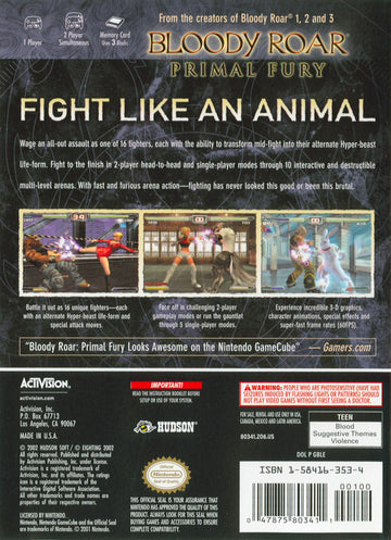 
Bloody Roar: Primal Fury | GameCube | North America | back cover scan: Back Cover | PriceCharting