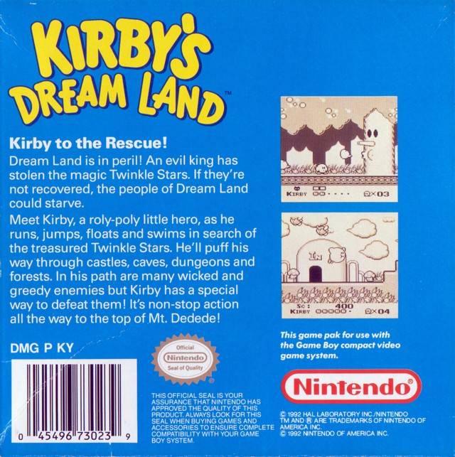 
Kirby's Dream Land | Game Boy | North America | back cover scan: Back Cover | PriceCharting