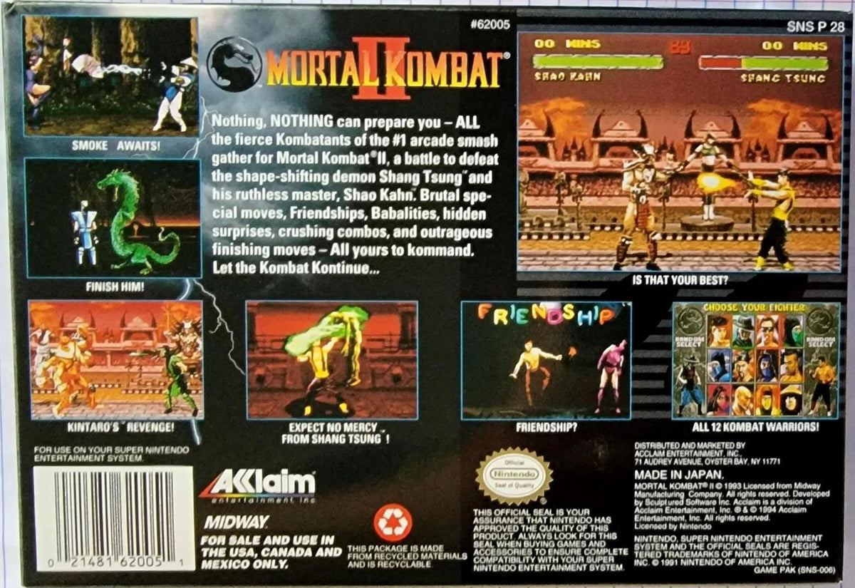 
Mortal Kombat II | SNES | North America | back cover scan: Box Back | PriceCharting