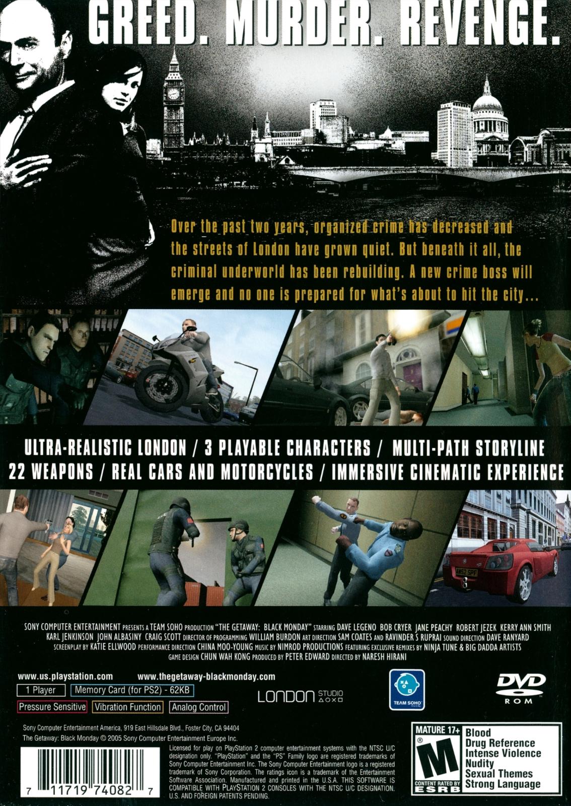 
The Getaway: Black Monday | PlayStation 2 | North America | back cover scan: Back Cover | PriceCharting
