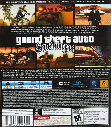 
Grand Theft Auto: San Andreas | PlayStation 3 | North America | back cover scan: Back Cover | PriceCharting