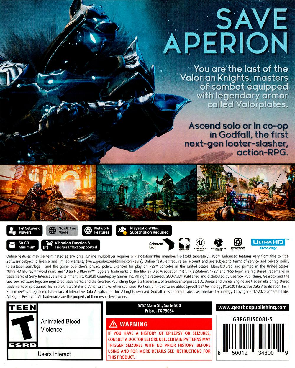 
Godfall | PlayStation 5 | North America | back cover scan: Back Cover | PriceCharting