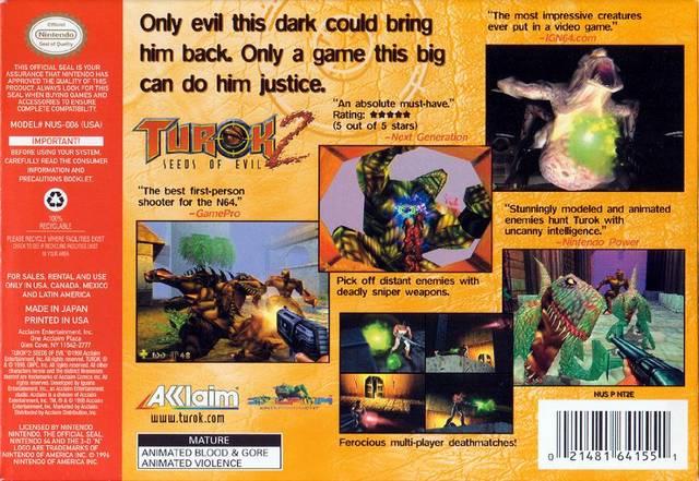 Turok 2: Seeds of Evil | Nintendo 64 | North America | back cover scan: Back Cover | PriceCharting