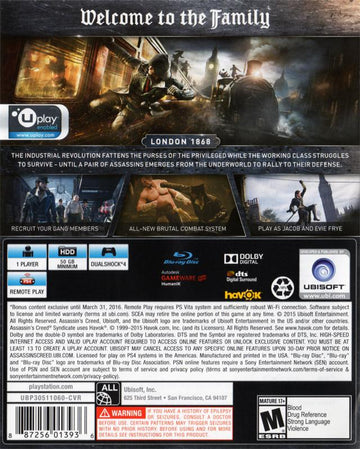 
Assassin's Creed: Syndicate (Limited Edition) | PlayStation 4 | North America | back cover scan: Back Cover | PriceCharting