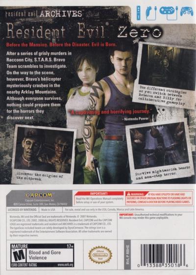 
Resident Evil Archives: Resident Evil Zero | Wii | North America | back cover scan: Back Cover | PriceCharting