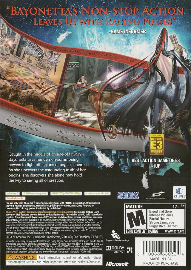 
Bayonetta | Xbox 360 | North America | back cover scan: Back Cover | PriceCharting