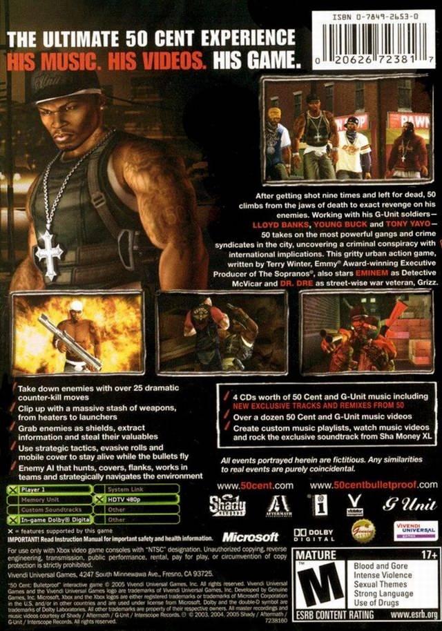 
50 Cent: Bulletproof | Xbox | North America | back cover scan: Back Cover | PriceCharting