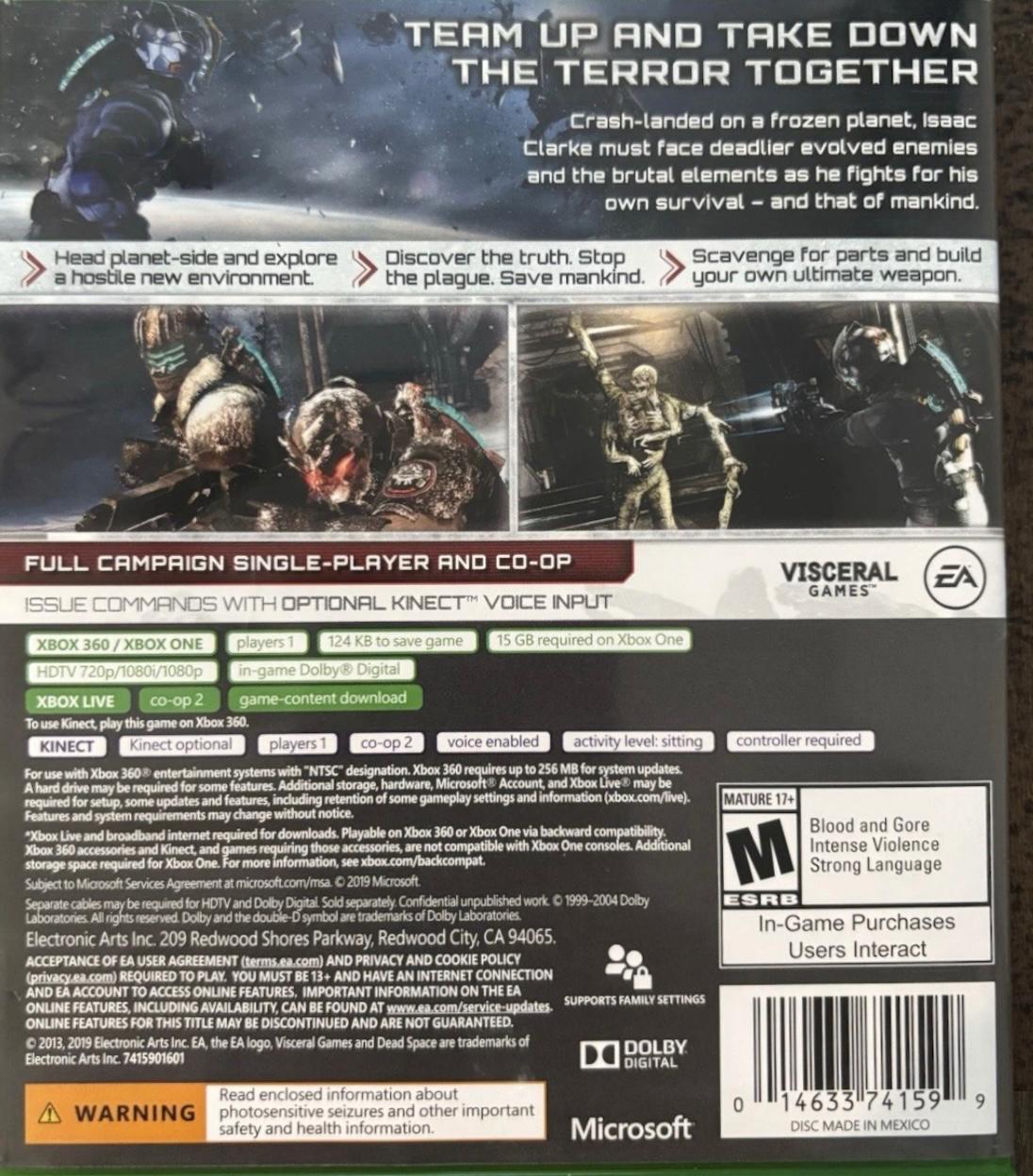Dead Space 3 | Xbox One | North America | back cover scan: Back Cover | PriceCharting