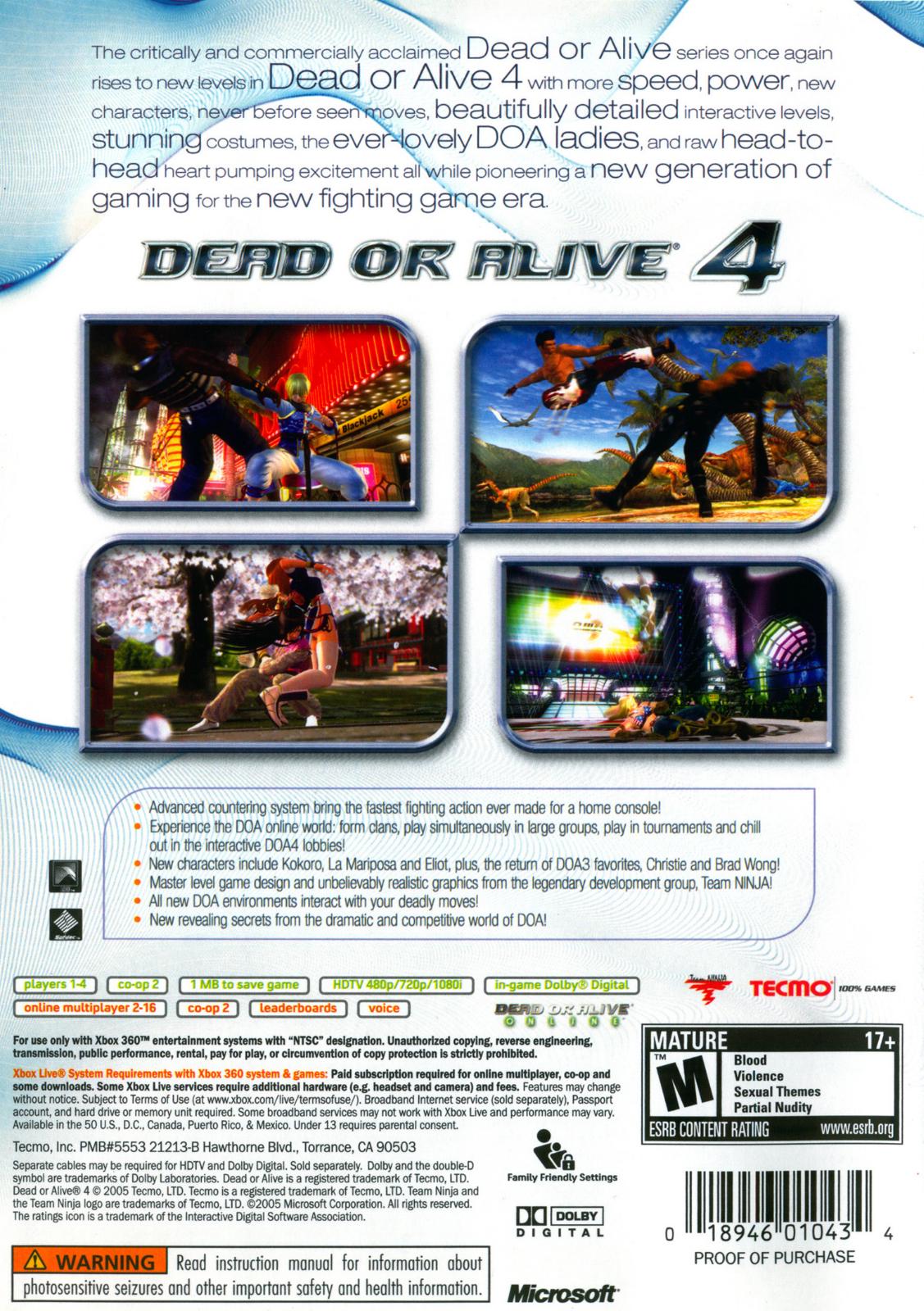 
Dead or Alive 4 | Xbox 360 | North America | back cover scan: Back Cover | PriceCharting