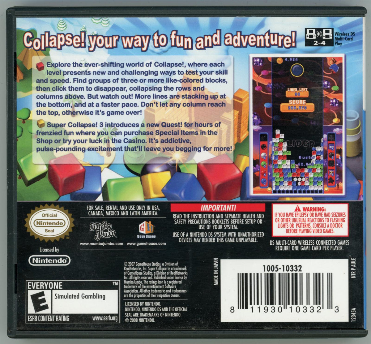 
Super Collapse! 3 | Nintendo DS | North America | back cover scan: Back Cover | PriceCharting