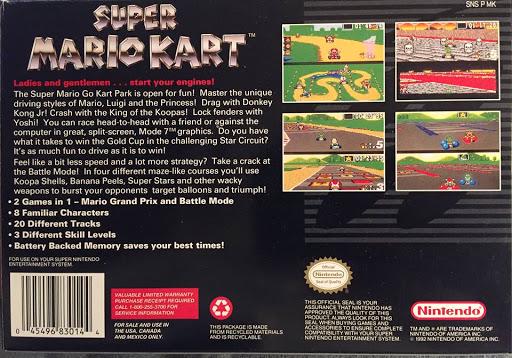 
Super Mario Kart | SNES | North America | back cover scan: Box Back | PriceCharting