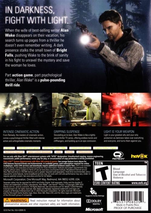 
Alan Wake | Xbox 360 | North America | back cover scan: Back Cover | PriceCharting