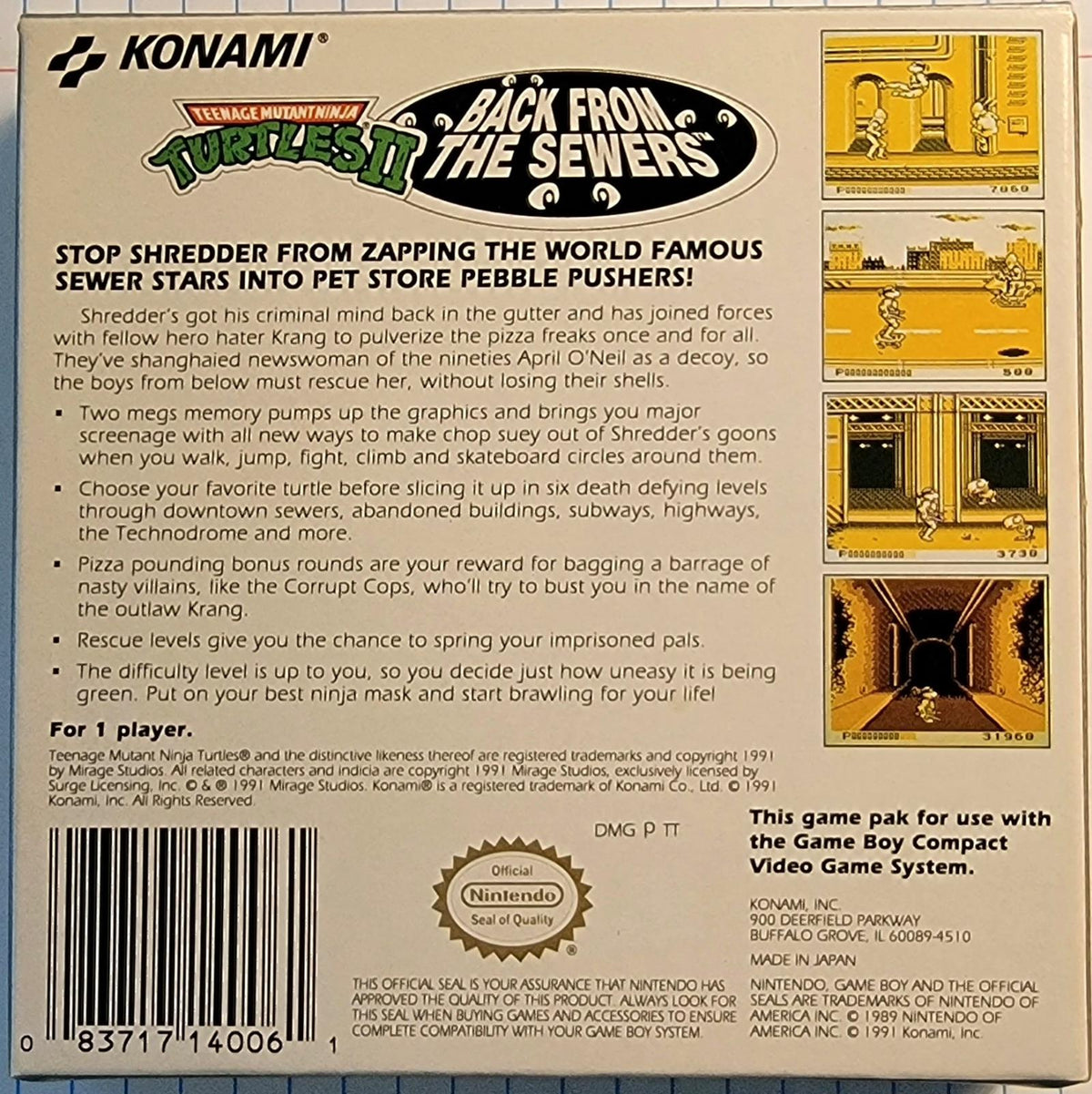 
Teenage Mutant Ninja Turtles II: Back from the Sewers | Game Boy | North America | back cover scan: Box Back | PriceCharting