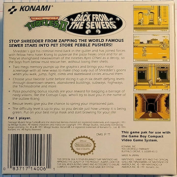 
Teenage Mutant Ninja Turtles II: Back from the Sewers | Game Boy | North America | back cover scan: Box Back | PriceCharting