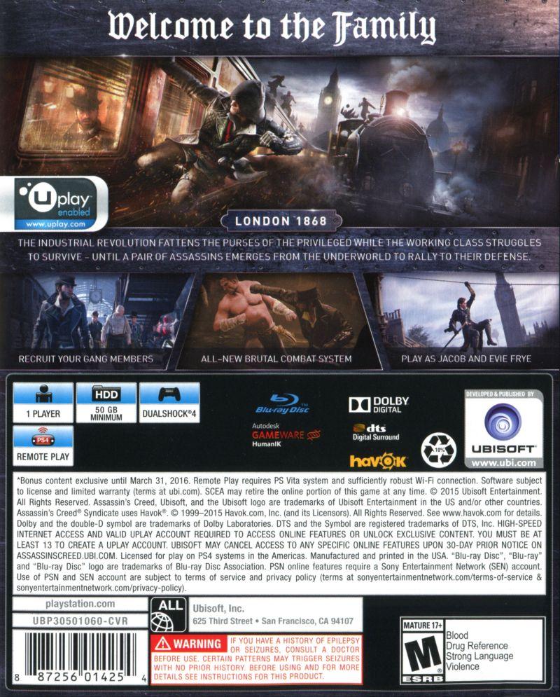 
Assassin's Creed: Syndicate | PlayStation 4 | North America | back cover scan: Back Cover | PriceCharting