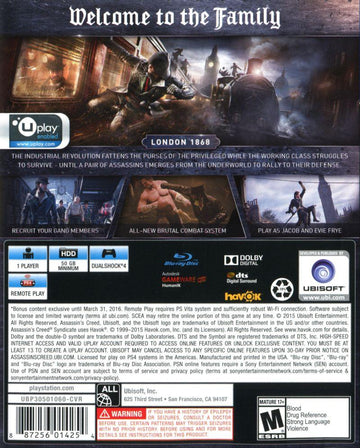 
Assassin's Creed: Syndicate | PlayStation 4 | North America | back cover scan: Back Cover | PriceCharting