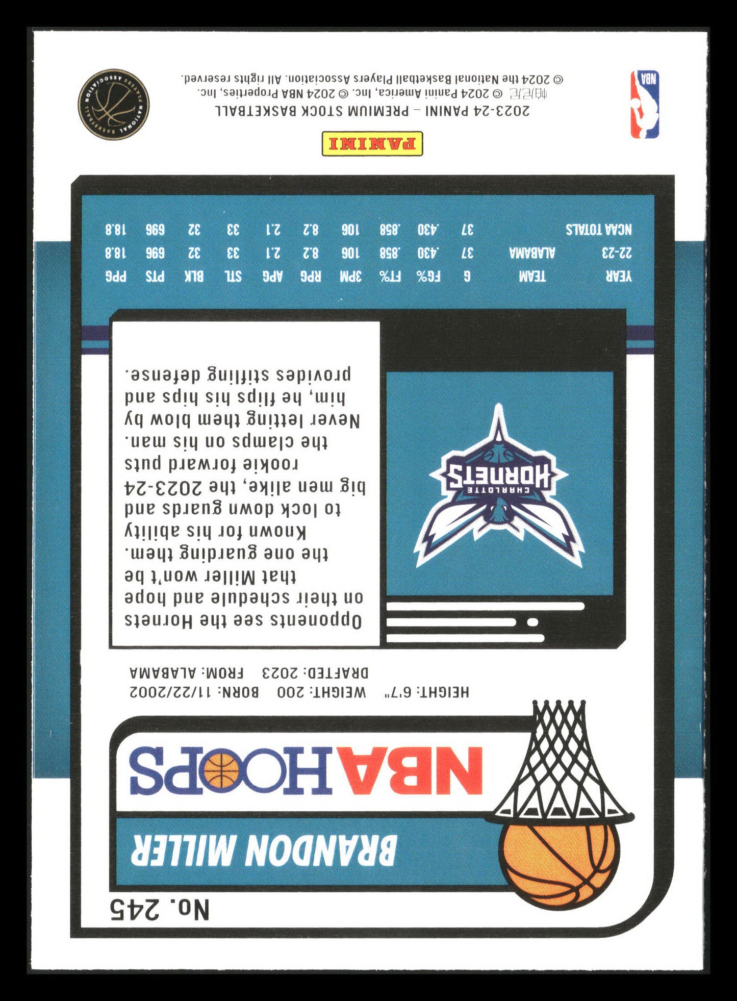 2023-24 Hoops Premium Stock #245 Brandon Miller