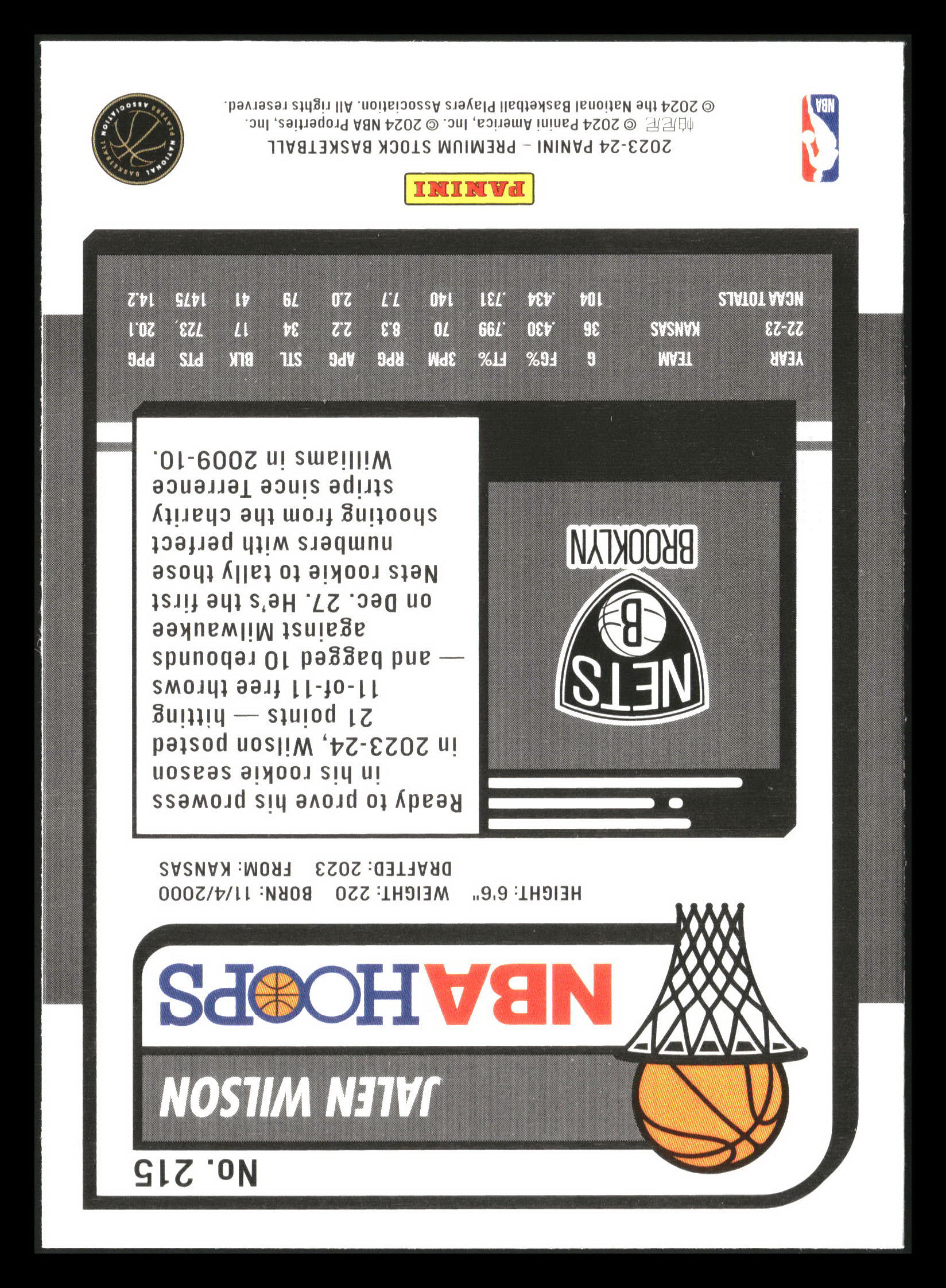 2023-24 Hoops Premium Stock #215 Jalen Wilson